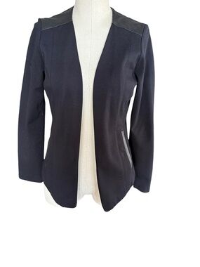 Eileen Fisher Black Open-Front Leather Trim Ponte Blazer Jacket Black S